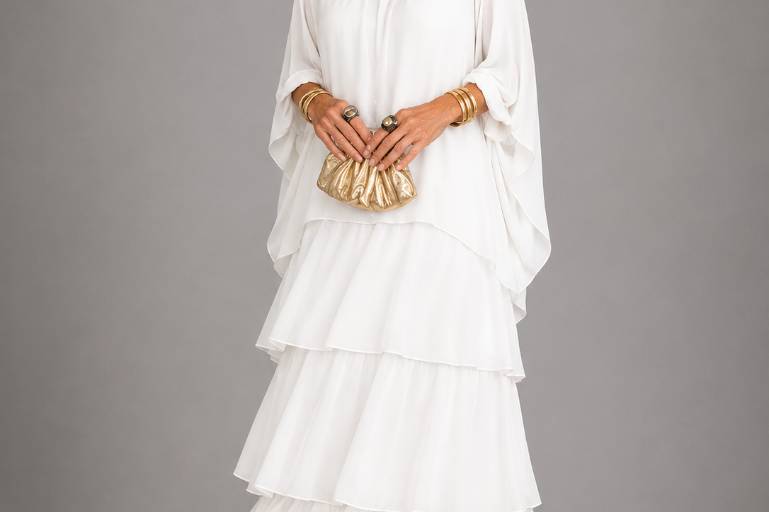 Ffion - Women's Tiered Chiffon Maxi Dress with Cape Sleeves - White