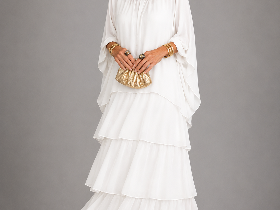 Ffion - Women's Tiered Chiffon Maxi Dress with Cape Sleeves - White