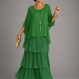 Ffion - Women's Tiered Chiffon Maxi Dress with Cape Sleeves - Light Green