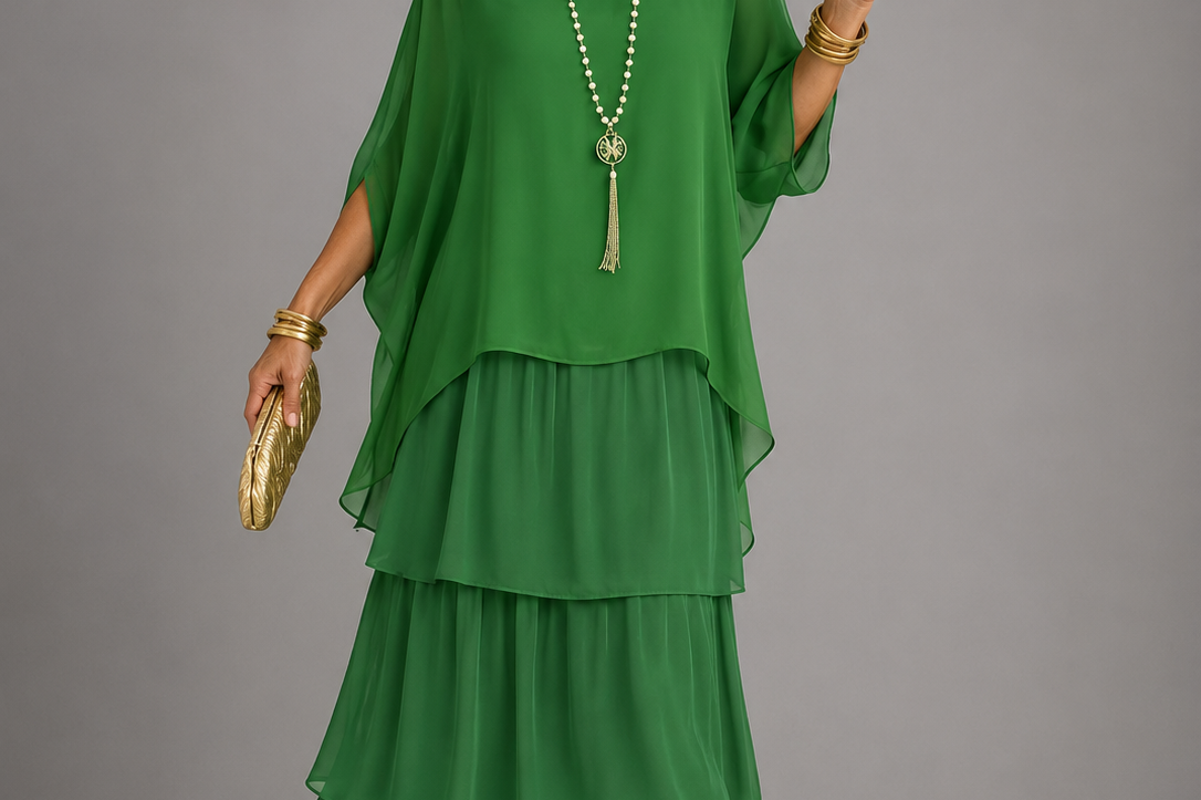 Ffion - Women's Tiered Chiffon Maxi Dress with Cape Sleeves - Light Green