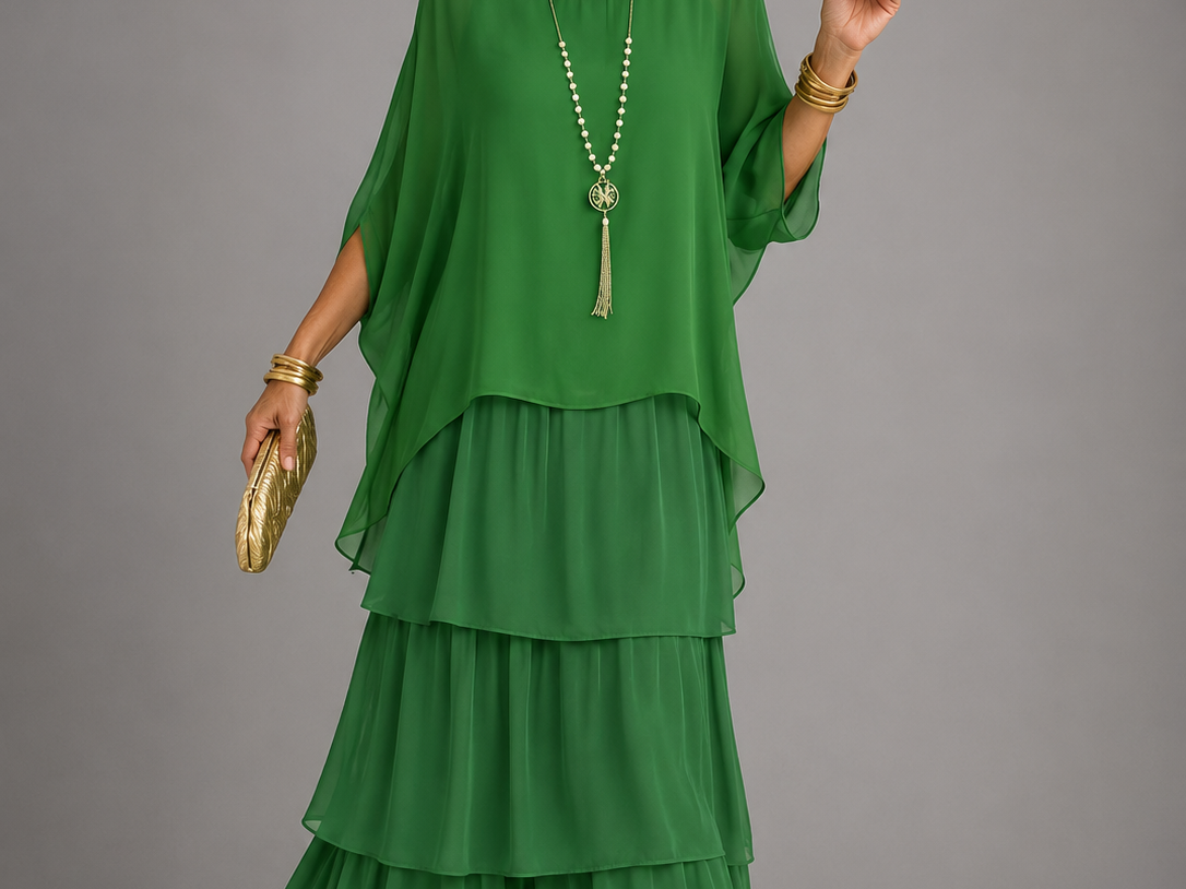 Ffion - Women's Tiered Chiffon Maxi Dress with Cape Sleeves - Light Green