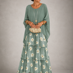 Ffion - Women's Tiered Chiffon Maxi Dress with Cape Sleeves - Sage Green