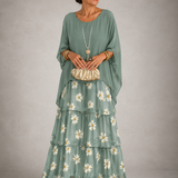Ffion - Women's Tiered Chiffon Maxi Dress with Cape Sleeves - Sage Green