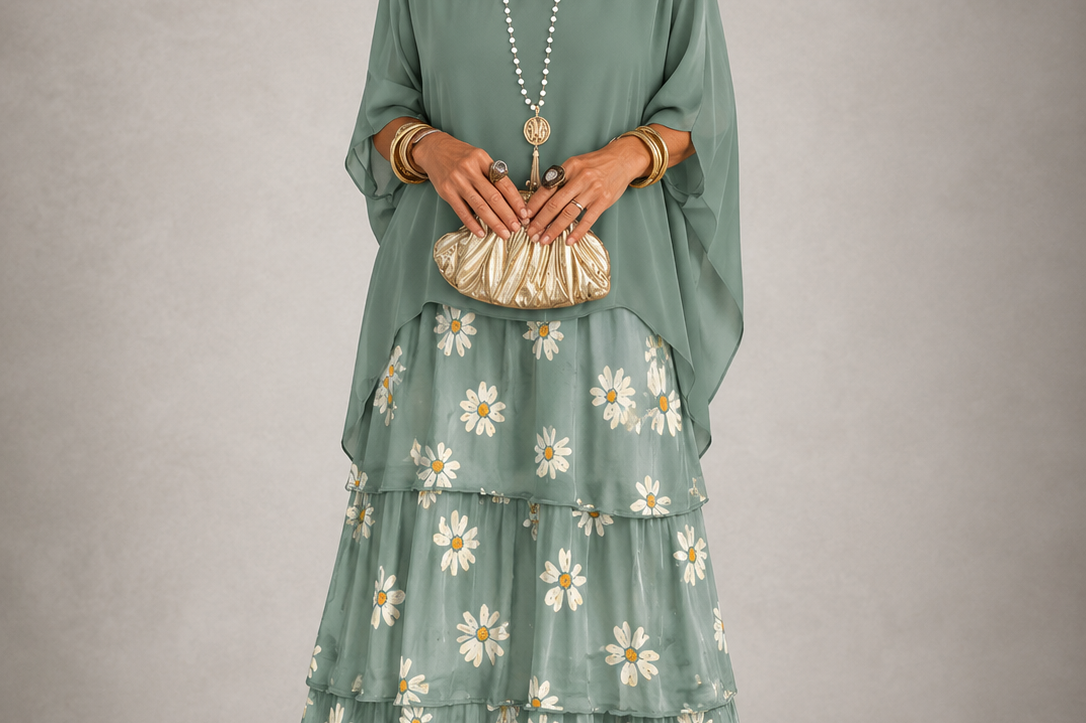 Ffion - Women's Tiered Chiffon Maxi Dress with Cape Sleeves - Sage Green