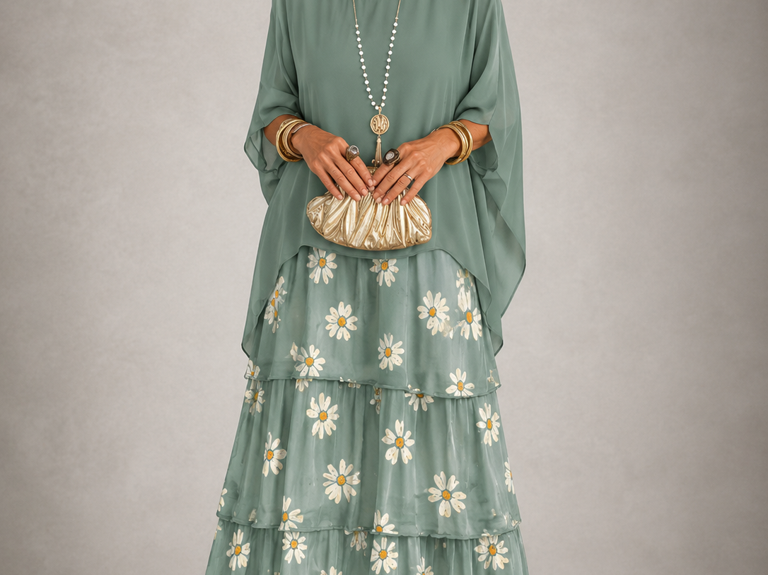 Ffion - Women's Tiered Chiffon Maxi Dress with Cape Sleeves - Sage Green