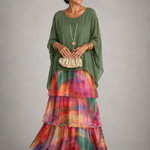 Ffion - Women's Tiered Chiffon Maxi Dress with Cape Sleeves - Vert Multicolore
