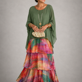 Ffion - Women's Tiered Chiffon Maxi Dress with Cape Sleeves - Vert Multicolore
