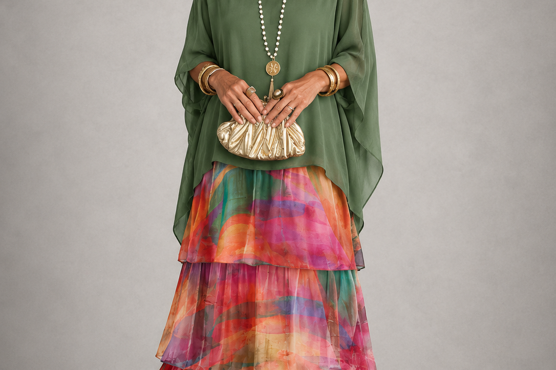 Ffion - Women's Tiered Chiffon Maxi Dress with Cape Sleeves - Vert Multicolore
