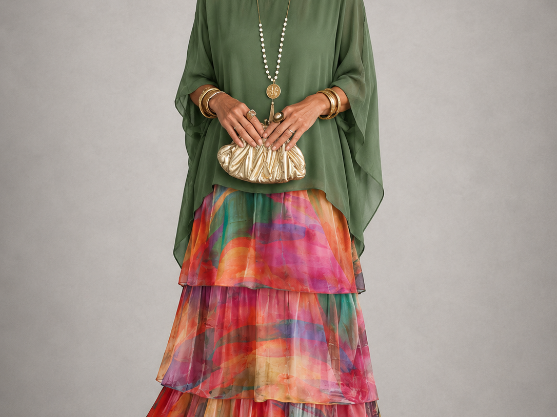 Ffion - Women's Tiered Chiffon Maxi Dress with Cape Sleeves - Vert Multicolore