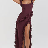 Fianna - Women's Ruffle Dress with Adjustable Straps and High Slit - Dark Red