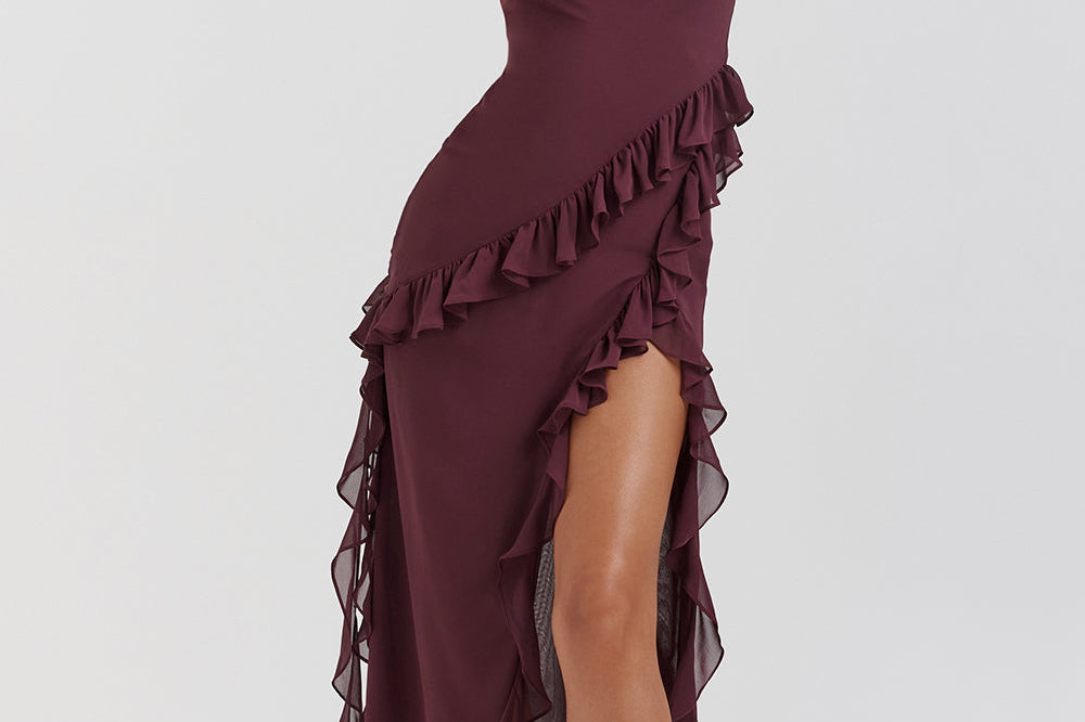 Fianna - Women's Ruffle Dress with Adjustable Straps and High Slit - Dark Red