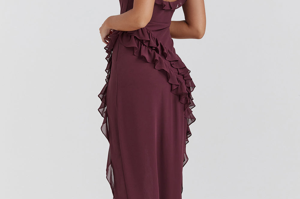 Fianna - Women's Ruffle Dress with Adjustable Straps and High Slit