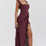 Fianna - Women's Ruffle Dress with Adjustable Straps and High Slit