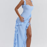 Fianna - Women's Ruffle Dress with Adjustable Straps and High Slit