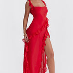 Fianna - Women's Ruffle Dress with Adjustable Straps and High Slit