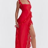 Fianna - Women's Ruffle Dress with Adjustable Straps and High Slit