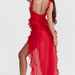 Fianna - Women's Ruffle Dress with Adjustable Straps and High Slit
