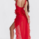 Fianna - Women's Ruffle Dress with Adjustable Straps and High Slit