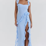 Fianna - Women's Ruffle Dress with Adjustable Straps and High Slit - Light Blue
