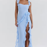 Fianna - Women's Ruffle Dress with Adjustable Straps and High Slit - Light Blue