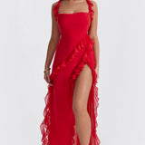 Fianna - Women's Ruffle Dress with Adjustable Straps and High Slit - Red