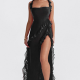 Fianna - Women's Ruffle Dress with Adjustable Straps and High Slit - Black