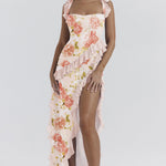 Fianna - Women's Ruffle Dress with Adjustable Straps and High Slit - Pink Floral