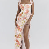 Fianna - Women's Ruffle Dress with Adjustable Straps and High Slit - Pink Floral