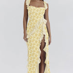 Fianna - Women's Ruffle Dress with Adjustable Straps and High Slit - Yellow Floral
