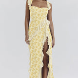Fianna - Women's Ruffle Dress with Adjustable Straps and High Slit - Yellow Floral