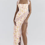 Fianna - Women's Ruffle Dress with Adjustable Straps and High Slit - Red Orange Floral