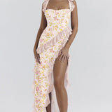 Fianna - Women's Ruffle Dress with Adjustable Straps and High Slit - Red Orange Floral