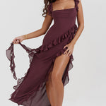Fianna - Women's Ruffle Dress with Adjustable Straps and High Slit