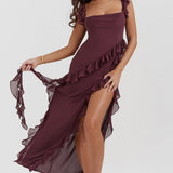 Fianna - Women's Ruffle Dress with Adjustable Straps and High Slit