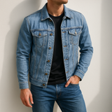Fintan - Men's Cotton Denim Jacket with Angled Chest Pockets - Denim Blue
