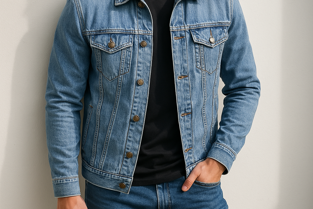Fintan - Men's Cotton Denim Jacket with Angled Chest Pockets - Denim Blue