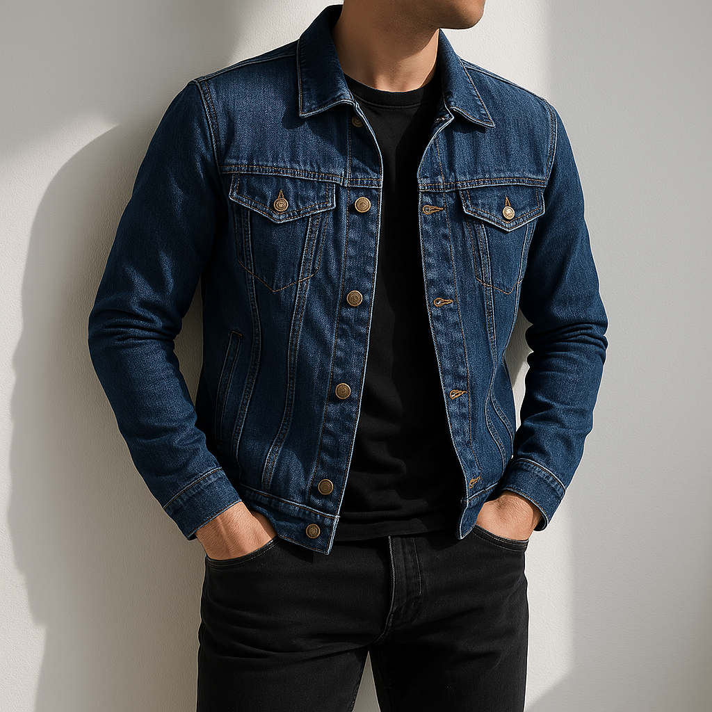 Fintan - Men's Cotton Denim Jacket with Angled Chest Pockets - Navy Blue