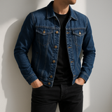 Fintan - Men's Cotton Denim Jacket with Angled Chest Pockets - Navy Blue
