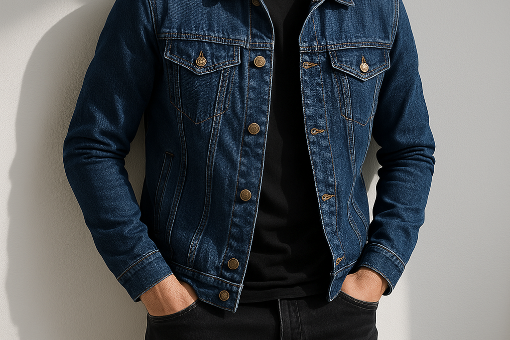 Fintan - Men's Cotton Denim Jacket with Angled Chest Pockets - Navy Blue