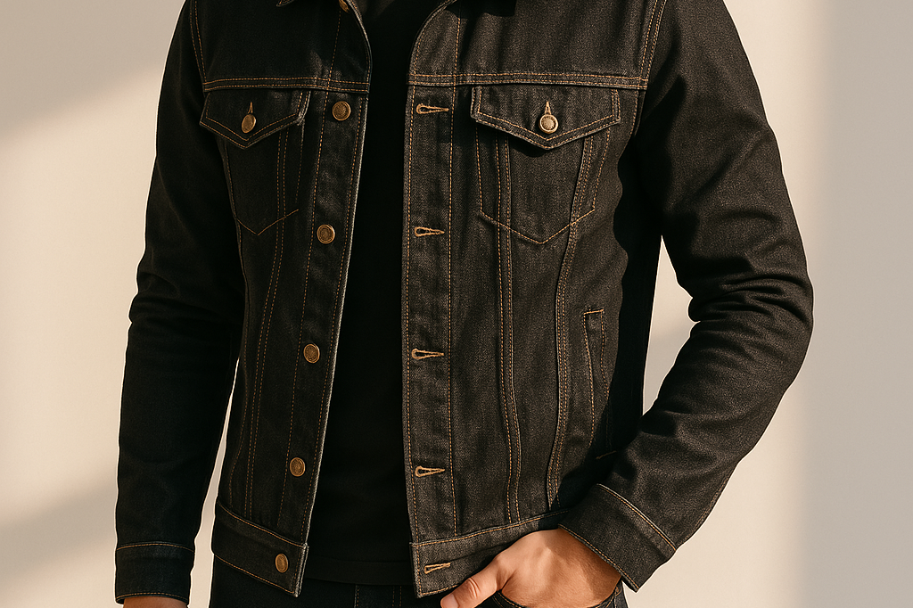Fintan - Men's Cotton Denim Jacket with Angled Chest Pockets - Black