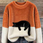 Fiora - Women's Cat Print Relaxed Pullover Sweater - Orange