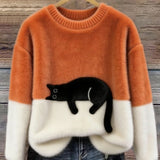 Fiora - Women's Cat Print Relaxed Pullover Sweater - Orange