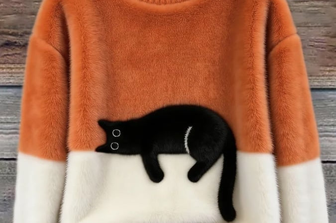 Fiora - Women's Cat Print Relaxed Pullover Sweater - Orange