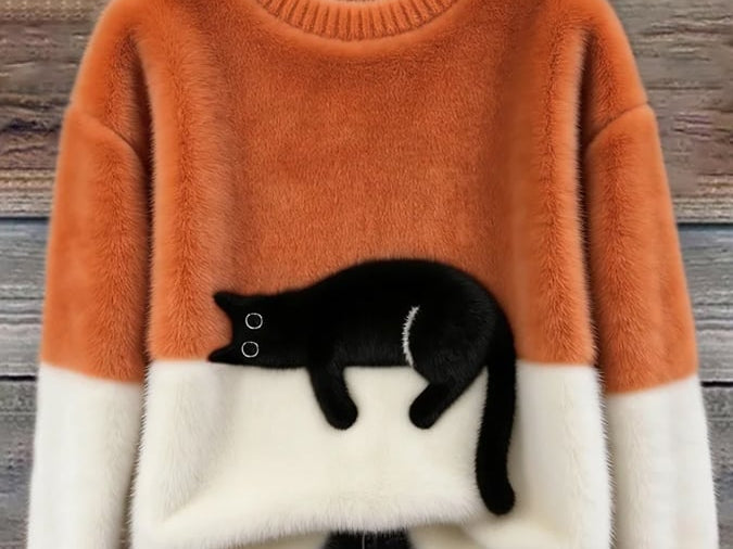 Fiora - Women's Cat Print Relaxed Pullover Sweater - Orange
