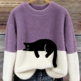 Fiora - Women's Cat Print Relaxed Pullover Sweater - Purple