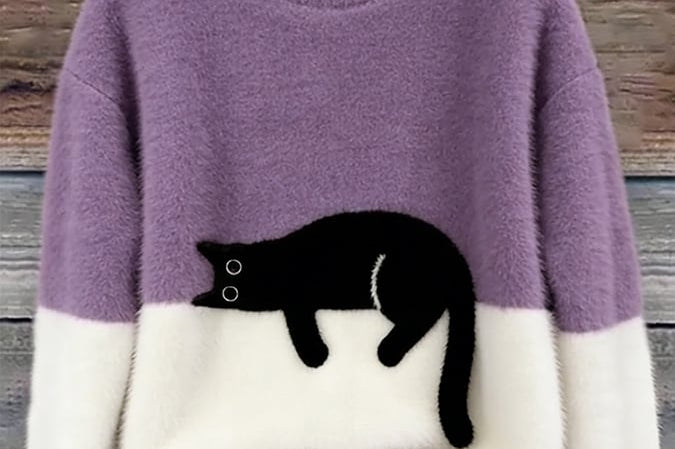 Fiora - Women's Cat Print Relaxed Pullover Sweater - Purple