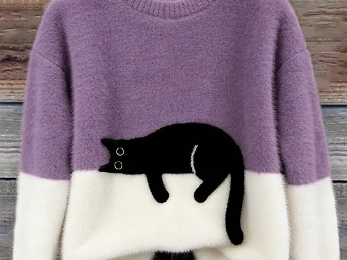 Fiora - Women's Cat Print Relaxed Pullover Sweater - Purple