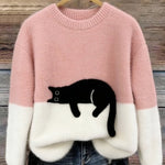 Fiora - Women's Cat Print Relaxed Pullover Sweater - Pink