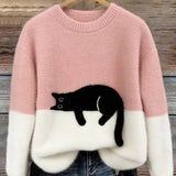 Fiora - Women's Cat Print Relaxed Pullover Sweater - Pink