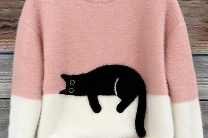 Fiora - Women's Cat Print Relaxed Pullover Sweater - Pink